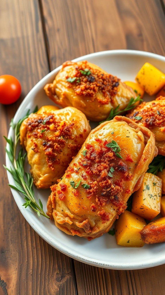 Crispy Baked Chicken Recipe A plate of crispy baked chicken with golden coating and roasted vegetables.